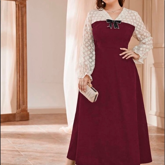 SHEIN Dresses & Skirts - 𝗣𝗹𝘂𝘀 𝗙𝗹𝗼𝘂𝗻𝗰𝗲 𝗦𝗹𝗲𝗲𝘃𝗲 𝗕𝗼𝘄 𝗙𝗿𝗼𝗻𝘁 𝗩𝗲𝗹𝘃𝗲𝘁 𝗗𝗿𝗲𝘀𝘀